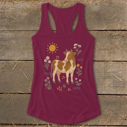 Maroon tank top with a brown and white cow and floral design.