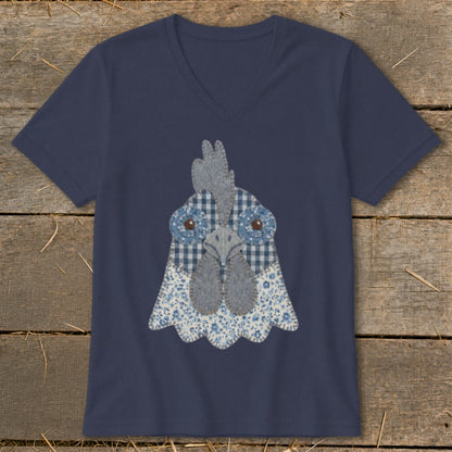 Navy v-neck t-shirt with a fabric applique of a blue gingham and floral chicken's head.