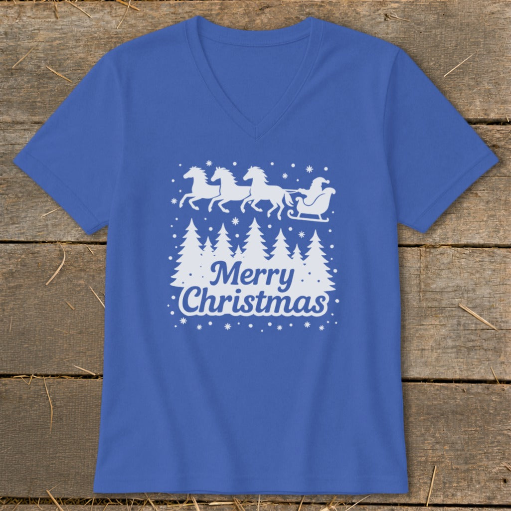 Blue t-shirt with white print of Santa's sleigh pulled by horses and "Merry Christmas."