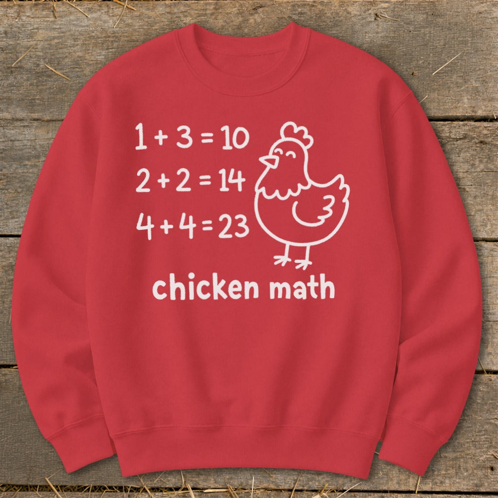 Red sweatshirt with "chicken math" and incorrect math equations with a chicken graphic.