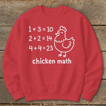 Red sweatshirt with "chicken math" and incorrect math equations with a chicken graphic.