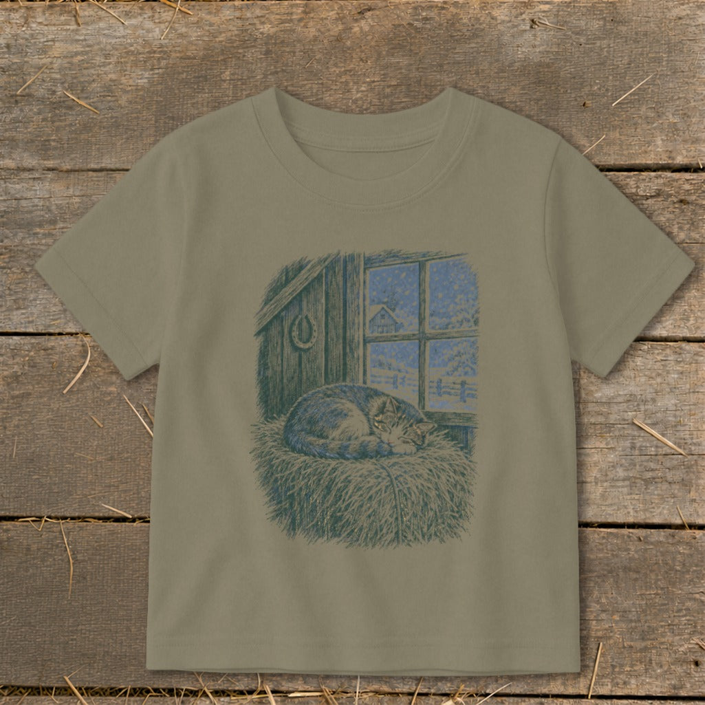 Cat sleeping on hay in barn by snowy window with barn and horseshoe detail.