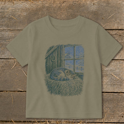 Cat sleeping on hay in barn by snowy window with barn and horseshoe detail.