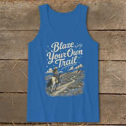 Blue tank top with "Blaze Your Own Trail" text and a horseback rider on a desert path.