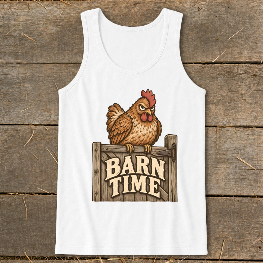 White tank top with cartoon chicken sitting on a wooden fence with "Barn Time" text.