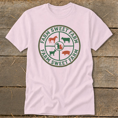 Pink t-shirt with circular "Farm Sweet Farm" logo featuring farm animals.