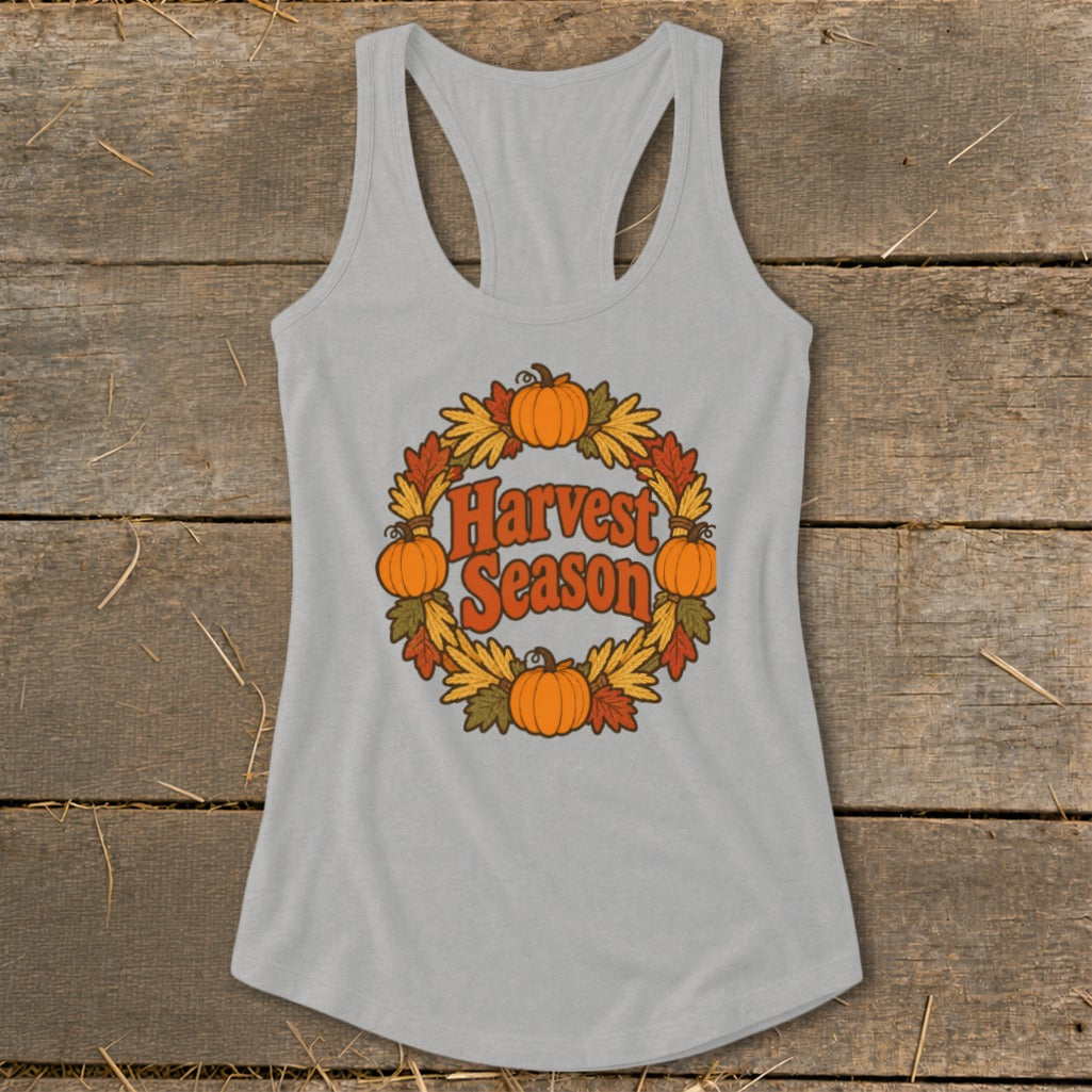 Grey tank top with a "Harvest Season" graphic featuring pumpkins and autumn leaves.