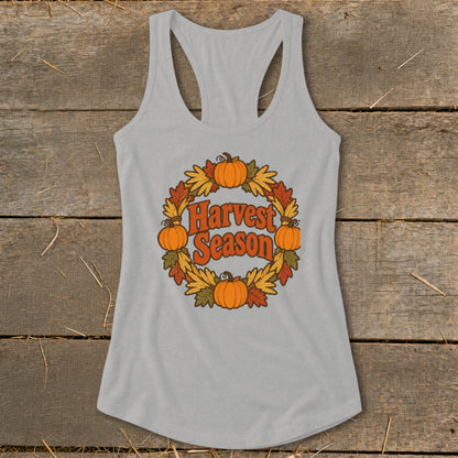 Grey tank top with a "Harvest Season" graphic featuring pumpkins and autumn leaves.