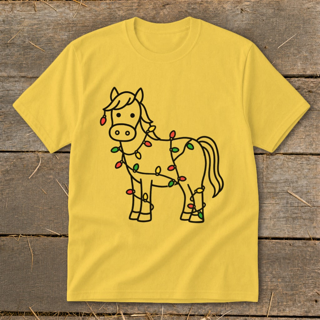 Yellow t-shirt with a line-drawn horse wrapped in Christmas lights.