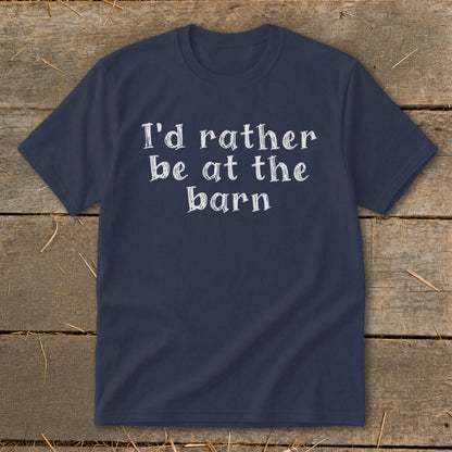 Navy t-shirt with white text "I'd rather be at the barn".