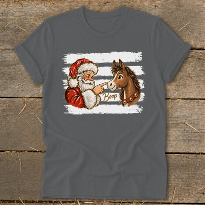 Santa booping a horse's nose with the word "Boop" on a gray t-shirt.