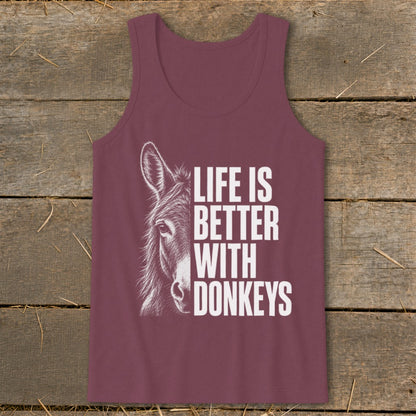 Maroon tank top with a donkey graphic and "Life is Better With Donkeys" text.