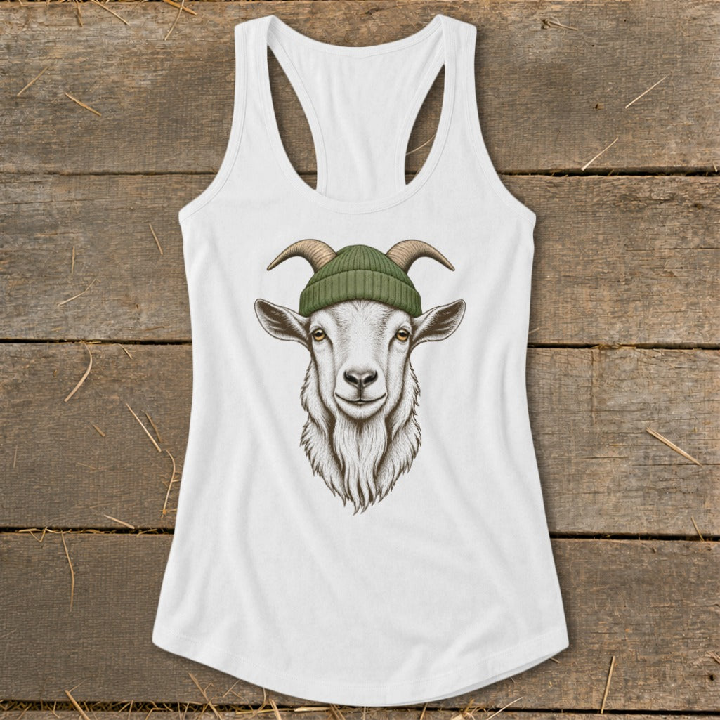 White tank top with a drawing of a goat wearing a green beanie.