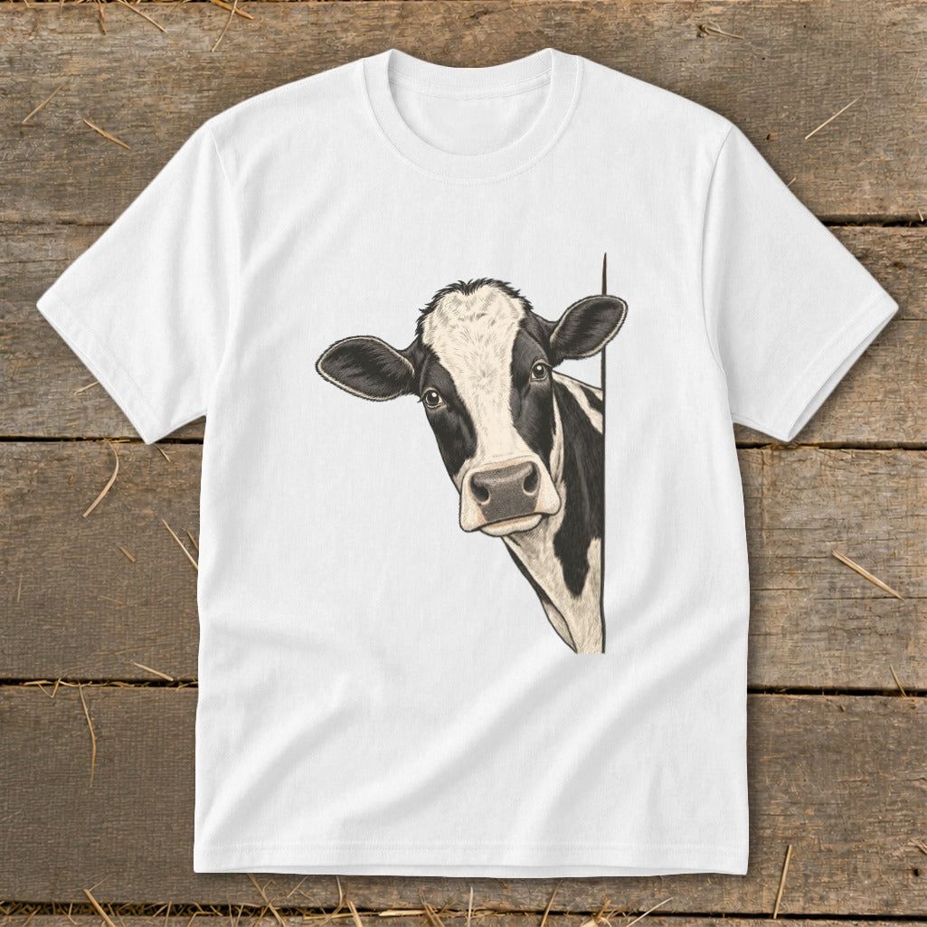 White t-shirt with a black and white cow peeking from the right side.