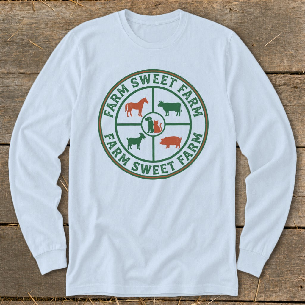 White long sleeve shirt with "Farm Sweet Farm" circle logo featuring farm animals.