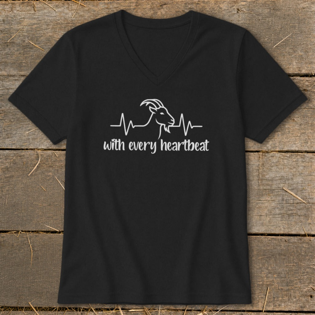Black v-neck t-shirt with a white line drawing of a goat and a heartbeat EKG line.