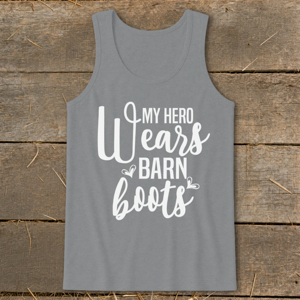 Gray tank top with "My Hero Wears Barn Boots" text in white script.