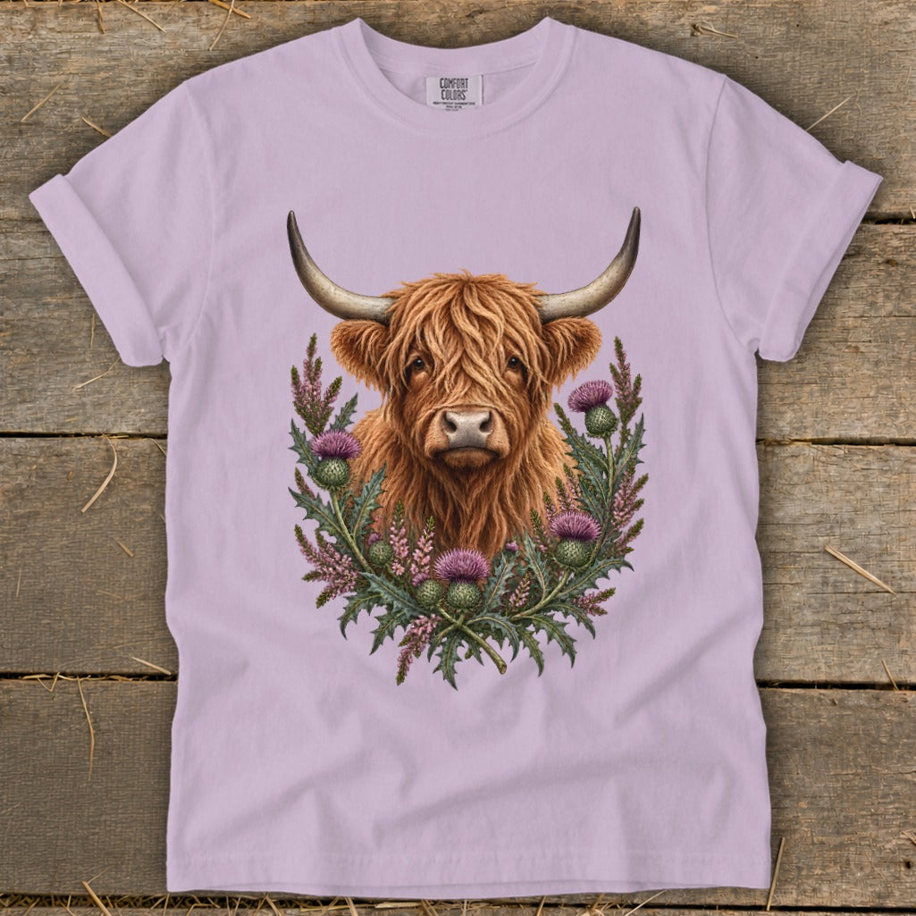 Highland cow with thistle wreath on a lavender t-shirt.