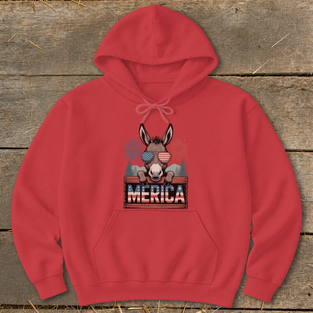 Red hoodie with a donkey wearing American flag sunglasses and "Merica" text.