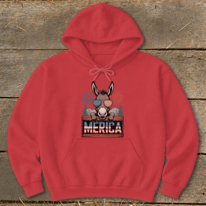 Red hoodie with a donkey wearing American flag sunglasses and "Merica" text.