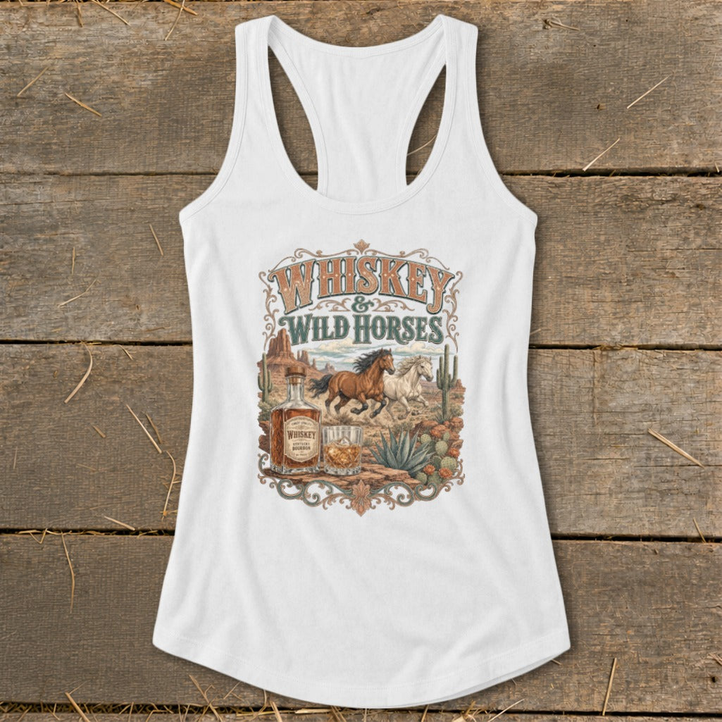 White tank top with "Whiskey & Wild Horses" desert graphic featuring horses, whiskey bottle, and cacti.