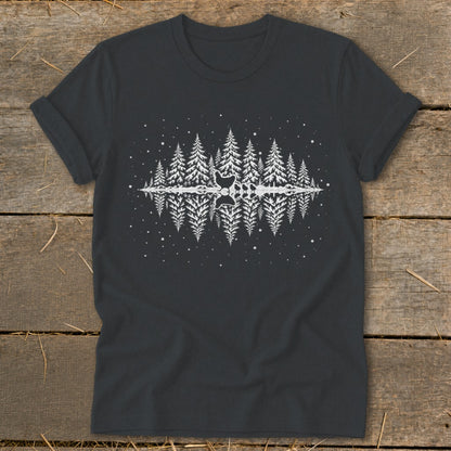 Dark grey t-shirt with a white graphic of mirrored pine trees and snowflakes.