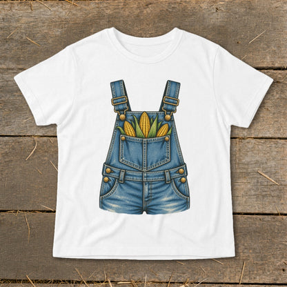 White t-shirt with a denim overalls graphic filled with corn cobs.