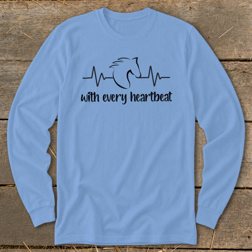 Light blue long-sleeve shirt with a black horse head and heartbeat graphic.