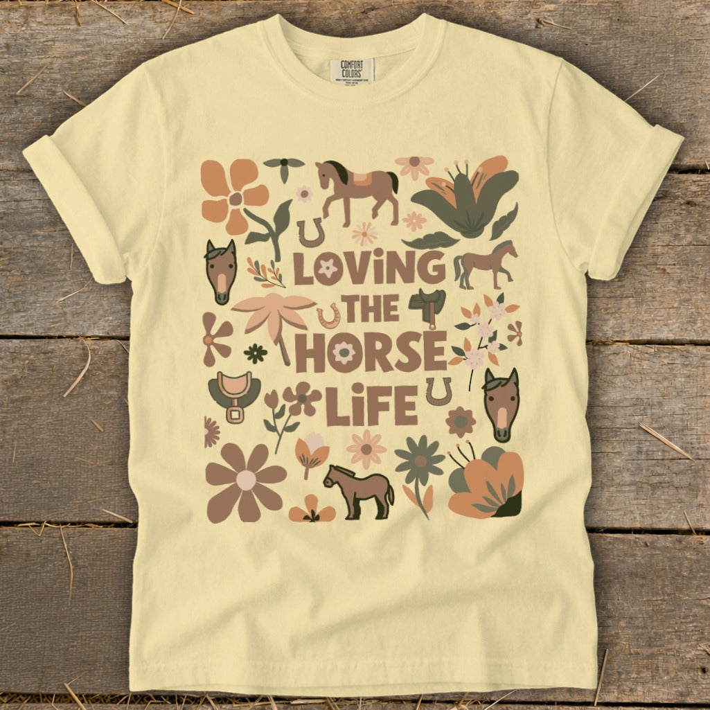 T-shirt with "Loving The Horse Life" text and horse-themed illustrations.