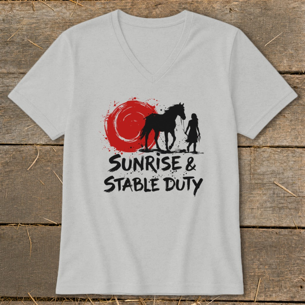 Light grey t-shirt with a black horse and rider silhouette against a red sun. Text reads "Sunrise & Stable Duty".
