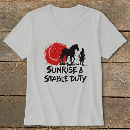 Light grey t-shirt with a black horse and rider silhouette against a red sun. Text reads "Sunrise & Stable Duty".