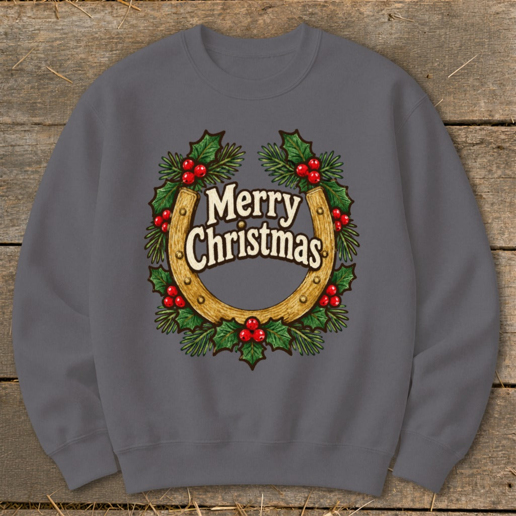 Gray sweatshirt with "Merry Christmas" inside a horseshoe wreath design.