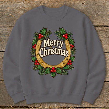 Gray sweatshirt with "Merry Christmas" inside a horseshoe wreath design.
