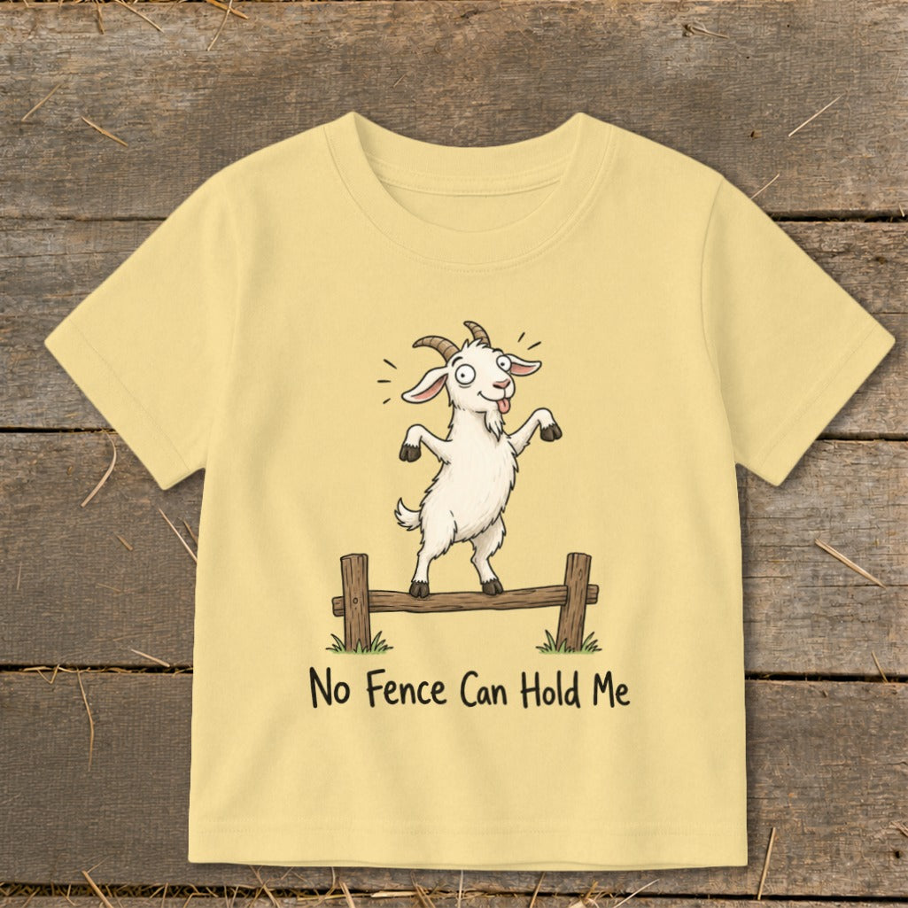 Yellow t-shirt with a cartoon goat balancing on a fence, saying "No Fence Can Hold Me."