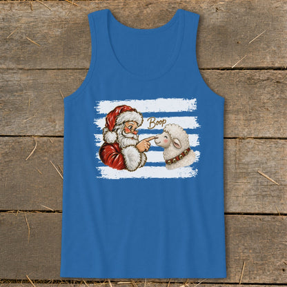 Santa booping a sheep with "Boop" text against blue and white stripes.