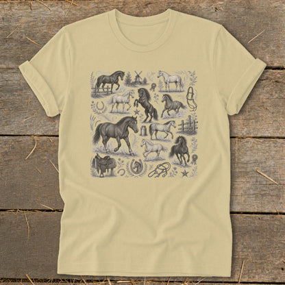 T-shirt featuring a detailed vintage illustration of various horses and equestrian tack.