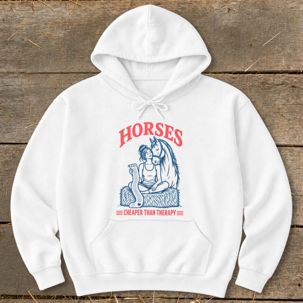 White hoodie with "HORSES" text above a woman and horse reading a long bill.