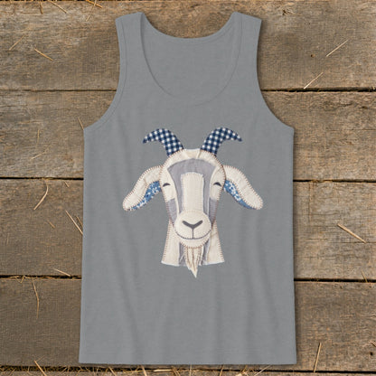 Grey tank top with a stitched goat face graphic featuring plaid horns.