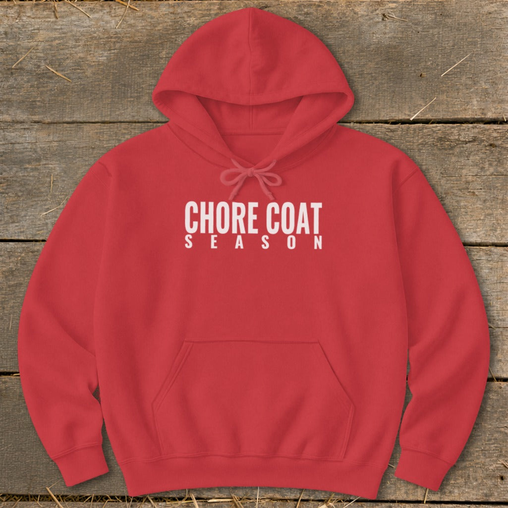 Red hoodie with "CHORE COAT SEASON" text on the chest.