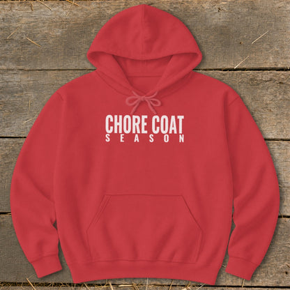 Red hoodie with "CHORE COAT SEASON" text on the chest.