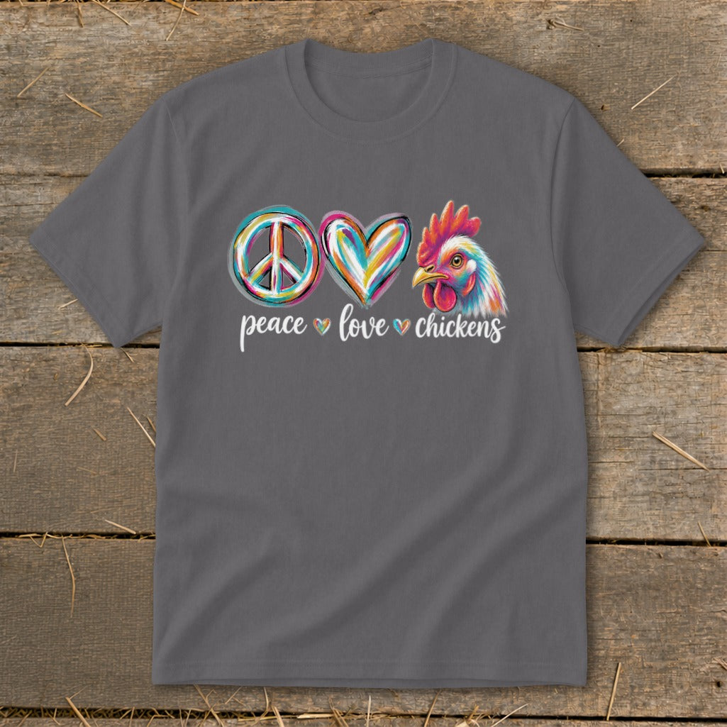 Gray t-shirt with peace, heart, and colorful chicken graphic and text.