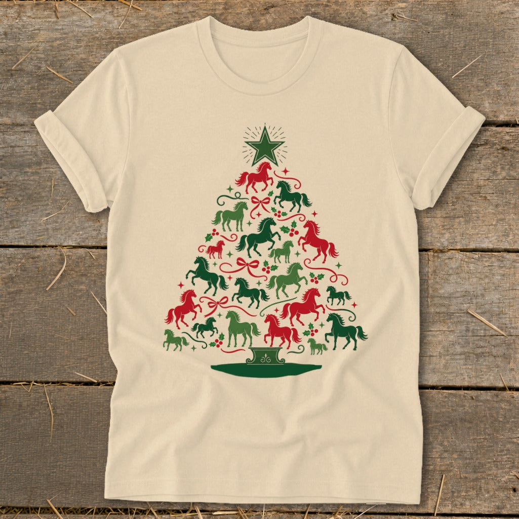 Cream t-shirt with a Christmas tree design made of red and green horses.