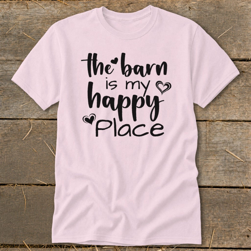 Light pink t-shirt with "the barn is my happy place" text and hearts.
