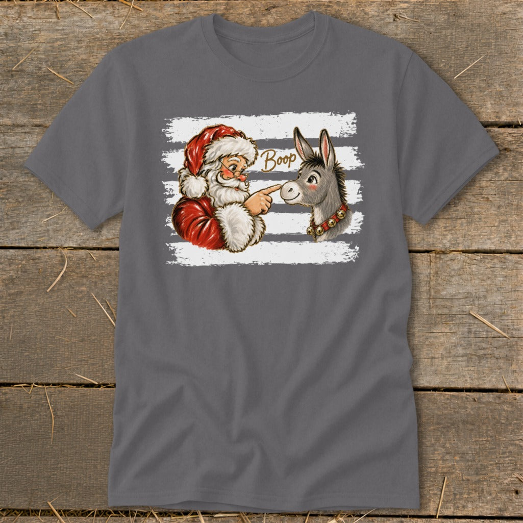 Santa Claus booping a donkey with the word "Boop" above.