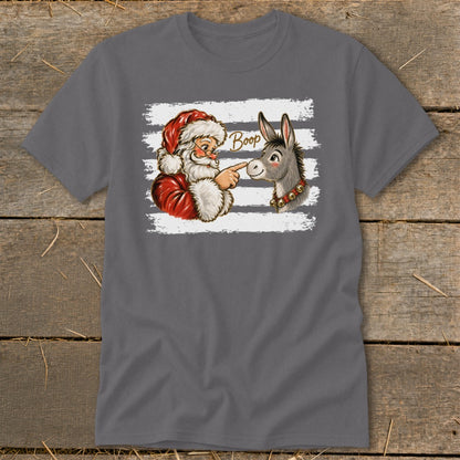 Santa Claus booping a donkey with the word "Boop" above.