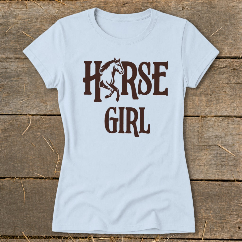 Light blue t-shirt with brown "HORSE GIRL" text and horse graphic.