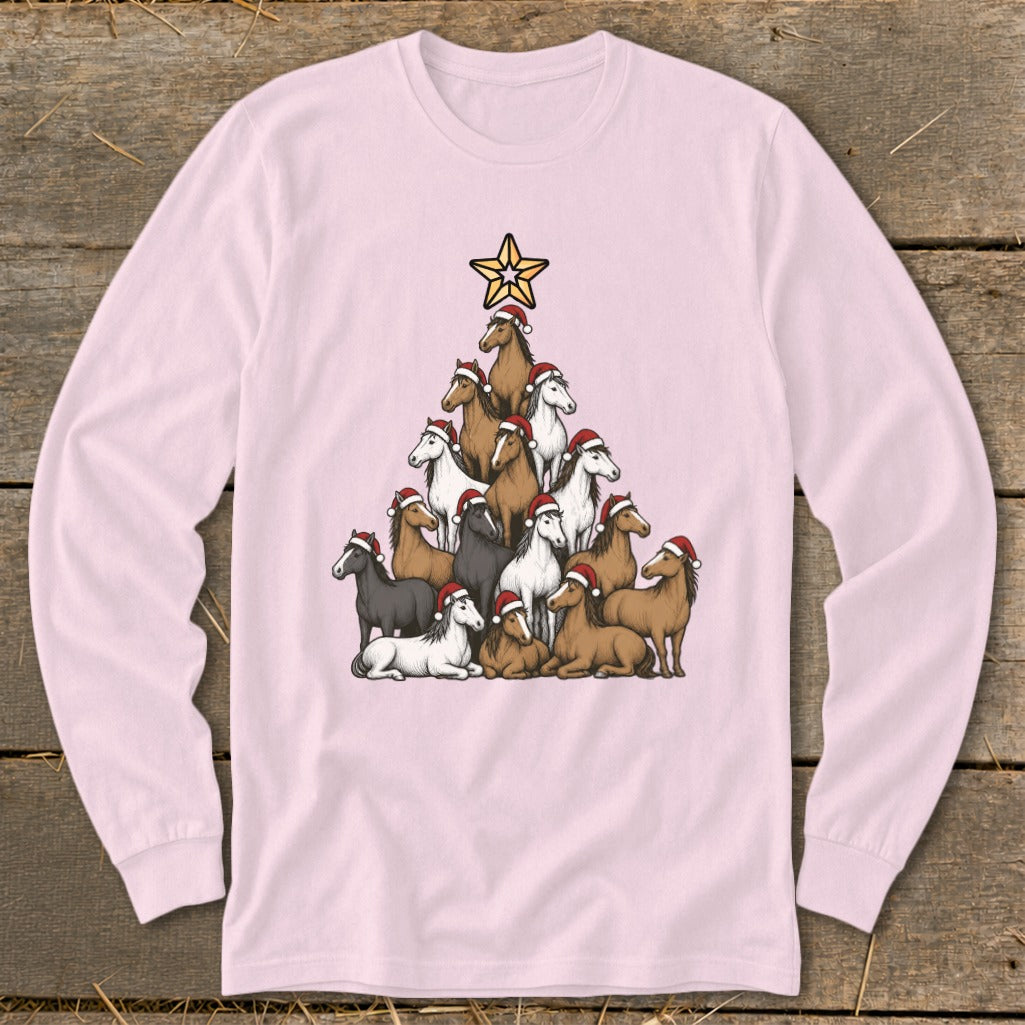 Christmas tree made of horses wearing Santa hats, topped with a star.