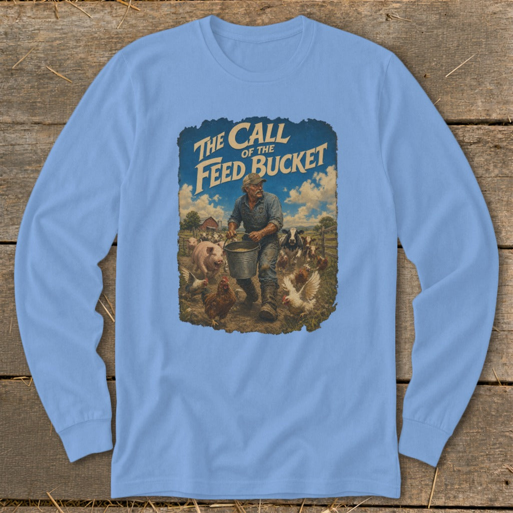 Farmer feeding livestock with text "The Call of the Feed Bucket".