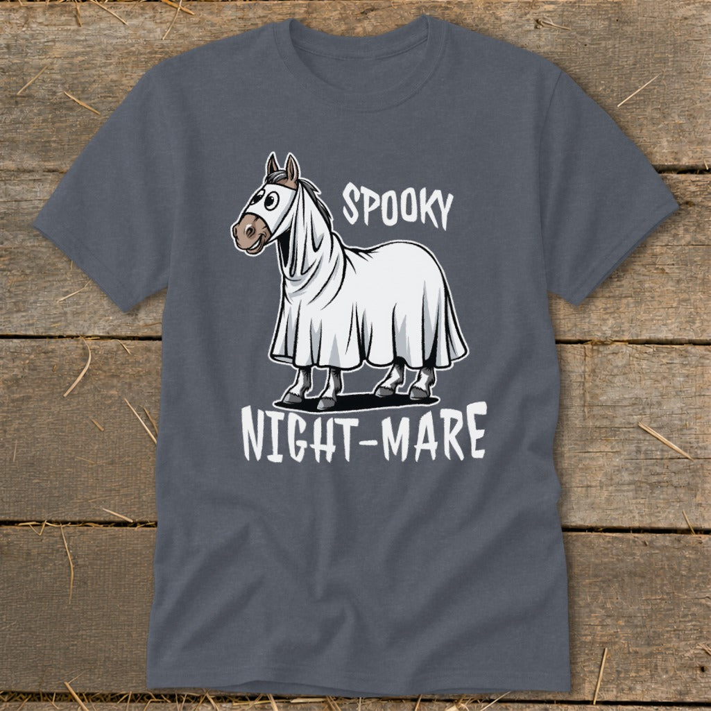 Horse wearing a ghost costume with text "Spooky Night-Mare".