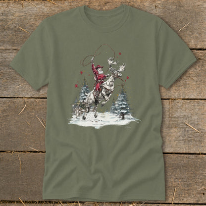 Santa riding a reindeer with a lasso on a snowy Christmas background.